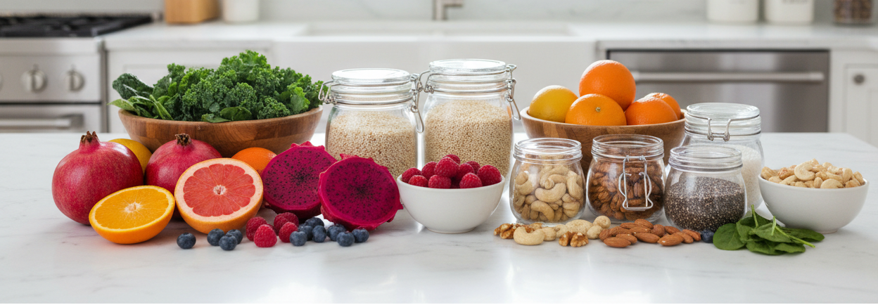 HEALTHY FOODS SUPER FOODS AND FRUITS in a kitchen just clean no additives in a healthy setting